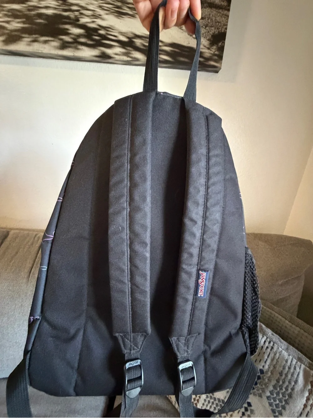 Jansport Black Backpack with Pink Bow Print